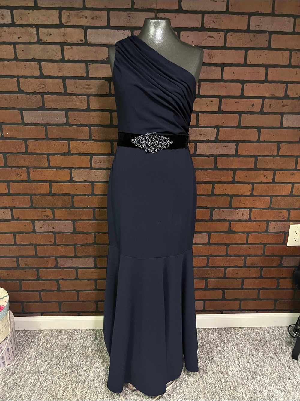 Eliza J One-Shoulder Navy Evening Gown with Velvet Embellished Belt